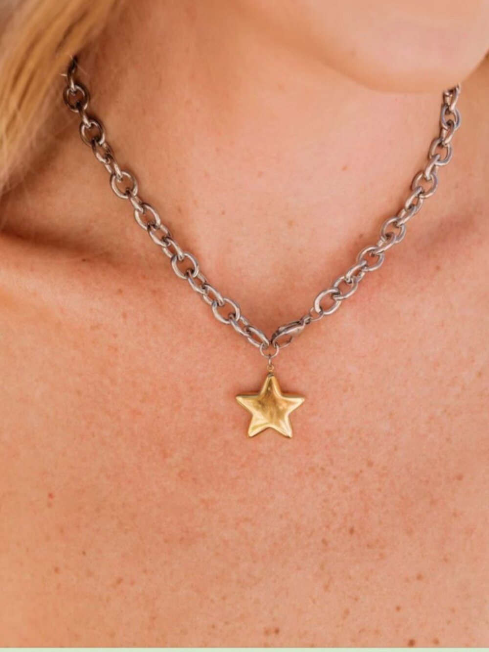 Star Necklace Waterproof Clasp In front Silver or Gold Chunky Chain Necklace - Picture 8 of 9